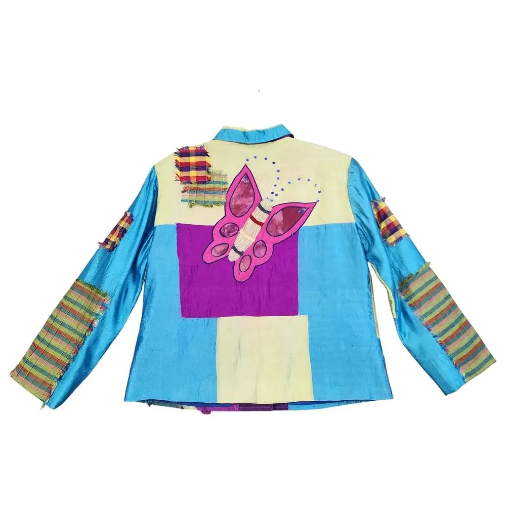 Minnie's‎ Closet Womens Vintage Silk Patchwork Jacket Medium Colorful Butterfly